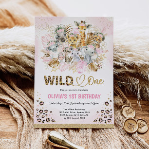Invitation Blush Gold Boho Safari Animaux sauvages Un Anniver