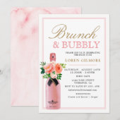 Invitation Blush Gold Floral Brunch et Fête des mariées Bubbl (Devant / Derrière)