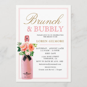 Invitation Blush Gold Floral Brunch et Fête des mariées Bubbl
