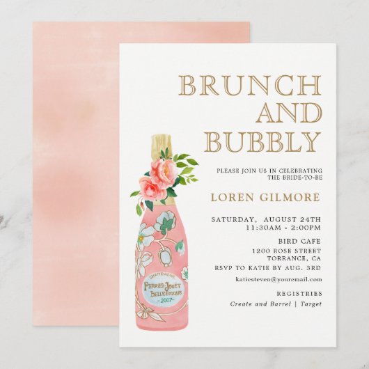 Invitation Blush Gold Floral Brunch et Fête des mariées Bubbl (Devant / Derrière)