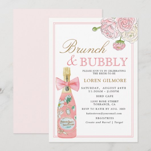Invitation Blush Gold Floral Champagne Brunch et Bubbly (Devant / Derrière)