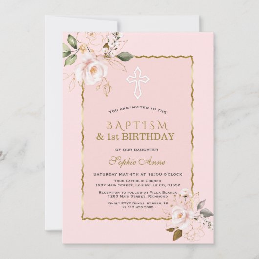Invitation Blush Gold Flowers Fille 1er Anniversaire & Baptêm (Devant)
