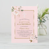 Invitation Blush Gold Flowers Fille 1er Anniversaire & Baptêm (Debout devant)