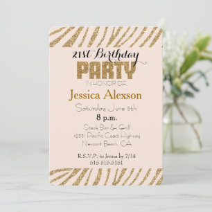 Invitation Blush Gold Imprimé Zèbre Faux Paillettes 21e Anniv