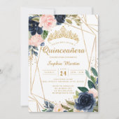 Invitation Blush Gold Navy Floral géométrique Quinceanera (Devant)