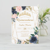 Invitation Blush Gold Navy Floral géométrique Quinceanera (Debout devant)