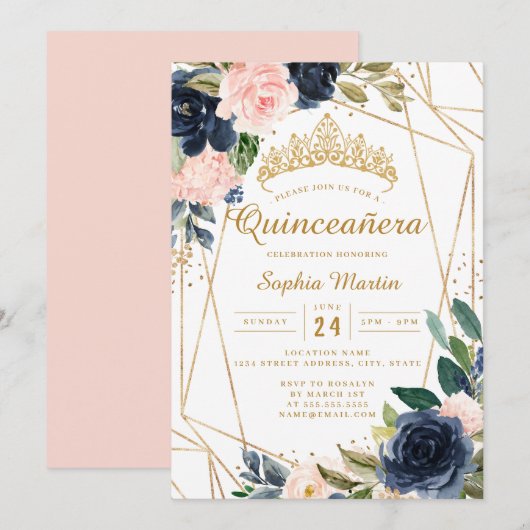 Invitation Blush Gold Navy Floral géométrique Quinceanera (Devant / Derrière)