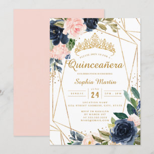 Invitation Blush Gold Navy Floral géométrique Quinceanera