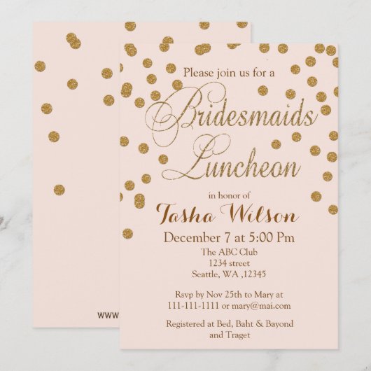 Invitation Blush Gold Parties scintillant Bridesmaids Luncheo (Devant / Derrière)