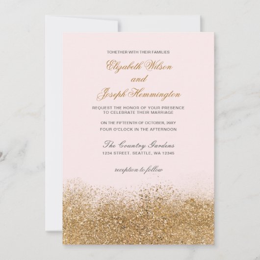 Invitation Blush Gold Parties scintillant Sparkle Mariage élé (Devant)
