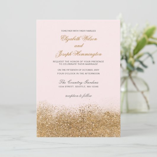 Invitation Blush Gold Parties scintillant Sparkle Mariage élé (Debout devant)