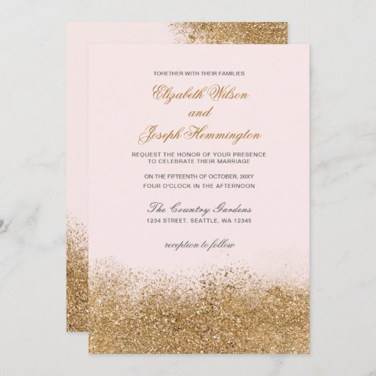 Invitation Blush Gold Parties scintillant Sparkle Mariage élé (Devant / Derrière)