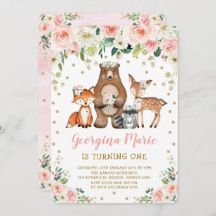 Invitation Blush Gold Woodland Animaux Fille Floral Anniversa