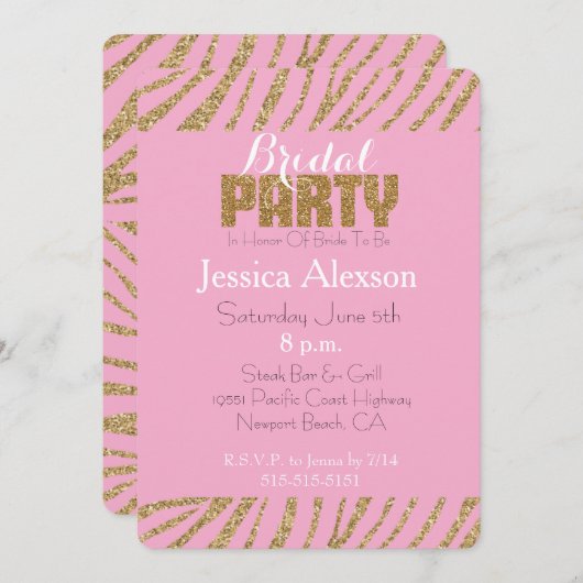 Invitation Blush Gold Zebra Imprimer Faux Parties scintillant (Devant / Derrière)