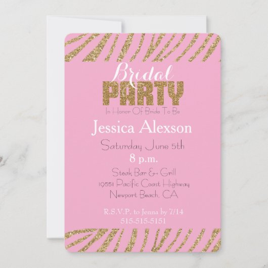 Invitation Blush Gold Zebra Imprimer Faux Parties scintillant (Devant)