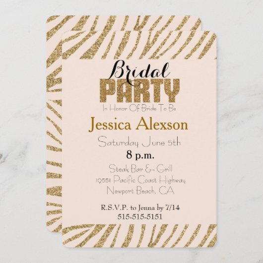 Invitation Blush Gold Zebra Imprimer Faux Parties scintillant (Devant / Derrière)