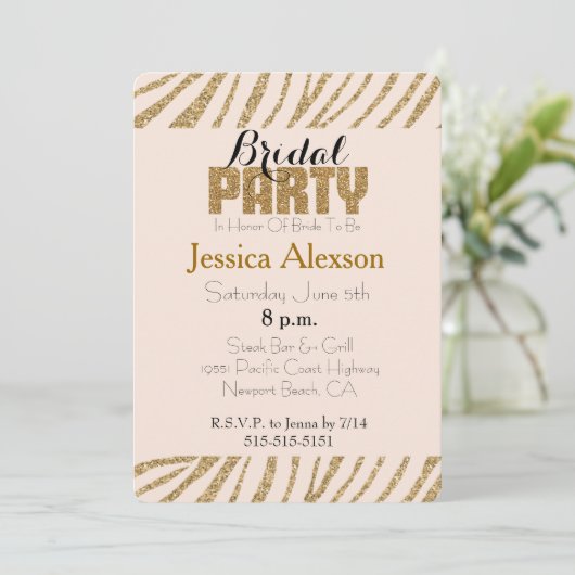Invitation Blush Gold Zebra Imprimer Faux Parties scintillant (Debout devant)