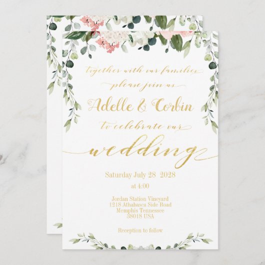 Invitation Blush Green & Gold Calligraphy Mariage d'écriture (Devant / Derrière)