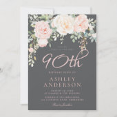 Invitation Blush & Grey Elegant Floral 90e fête d'anniversair (Devant)