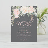 Invitation Blush & Grey Elegant Floral 90e fête d'anniversair (Debout devant)