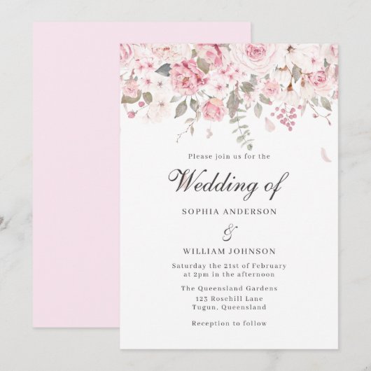 Invitation Blush & Grey Roses Élégant mariage d'hiver floral (Devant / Derrière)