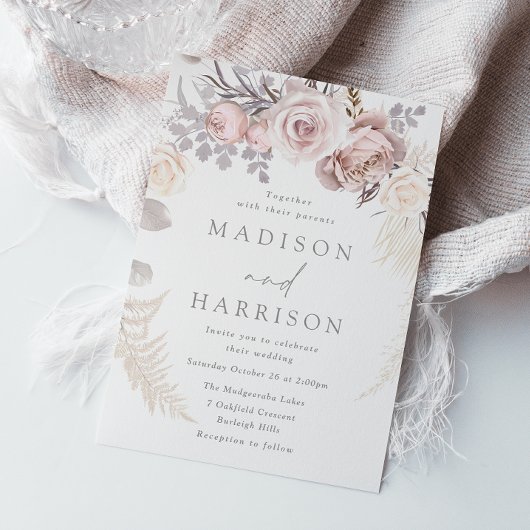Invitation Blush & Ivory Dusty Rose Floral Wreath Mariage
