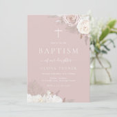 Invitation Blush & Ivory Floral Dusty Pink Baptême (Debout devant)