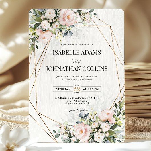 Invitation Blush Ivory Floral Gold Geometric Wedding 