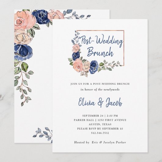 Invitation Blush Marine Floral Géométrique | Post Mariage Bru (Devant / Derrière)