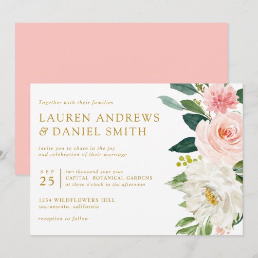 Invitation Blush moderne | Chic Botanical Gold Floral mariage (Devant / Derrière)