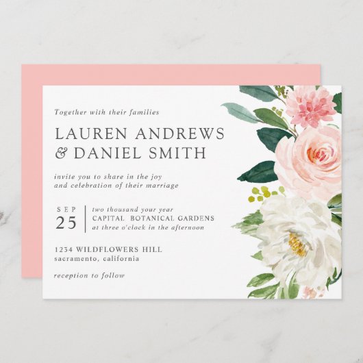 Invitation Blush moderne | Chic Botanique rose mariage floral (Devant / Derrière)