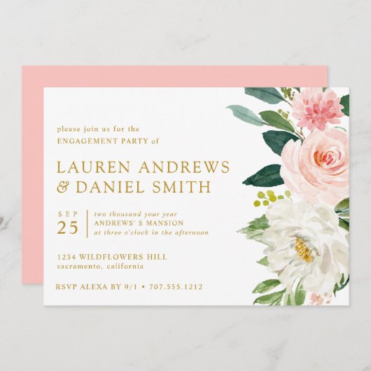 Invitation Blush moderne | Chic Floral Gold Engagement Party (Devant / Derrière)