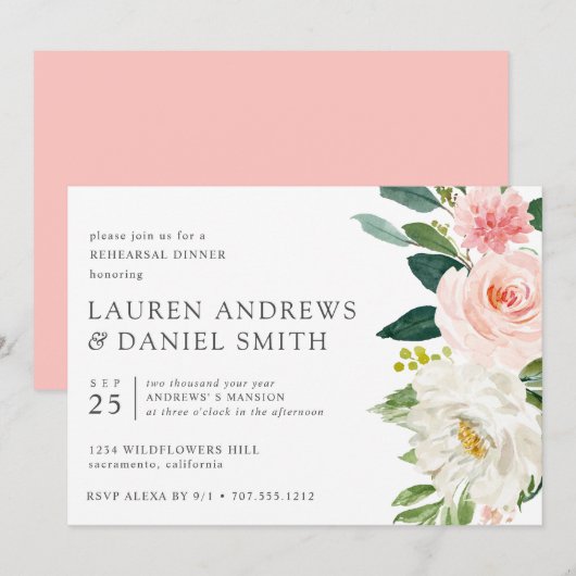 Invitation Blush moderne | Dîner de répétition rose floral ch (Devant / Derrière)