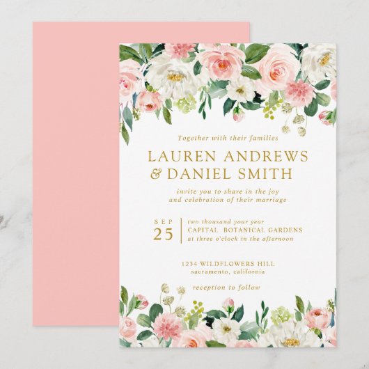 Invitation Blush moderne | Gold Chic Botanical Garland mariag (Devant / Derrière)