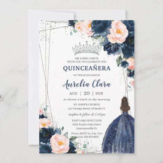 Invitation Blush Navy Blue Floral Princess Silver Quinceañera (Devant)