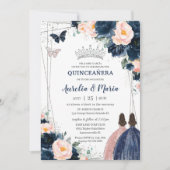 Invitation Blush Navy Blue Floral Silver Twins Quinceañera (Devant)
