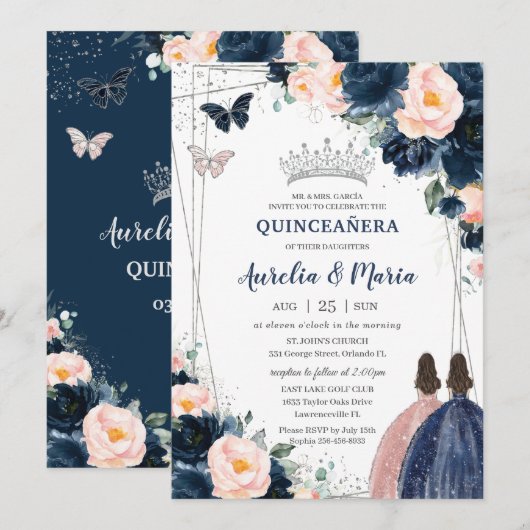 Invitation Blush Navy Blue Floral Silver Twins Quinceañera (Devant / Derrière)