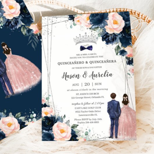 Invitation Blush Navy Blue Floral Twins Garçon fille Quinceañ