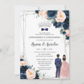 Invitation Blush Navy Blue Floral Twins Garçon fille Quinceañ (Devant)
