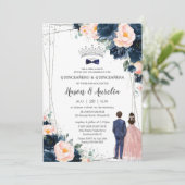 Invitation Blush Navy Blue Floral Twins Garçon fille Quinceañ (Debout devant)