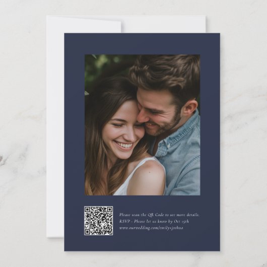 Invitation Blush Navy Blue Modern QR Code Photo Mariage (Dos)