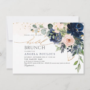 Invitation Blush Navy Blue Watercolor Fleurs Brunch nuptial