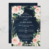 Invitation Blush Navy Dusty Bleu Mariage Botanique géométriqu (Devant / Derrière)