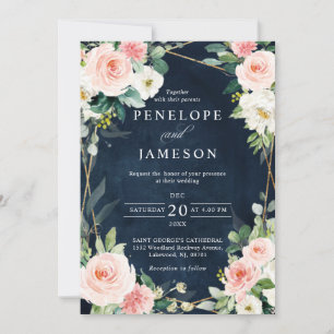 Invitation Blush Navy Dusty Bleu Mariage Botanique géométriqu