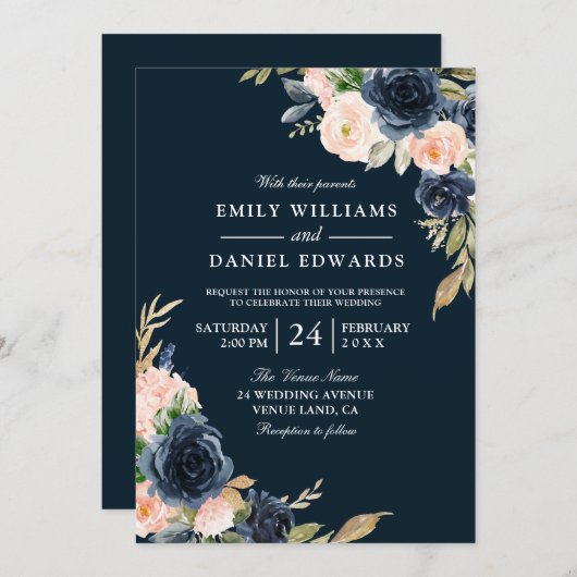Invitation Blush & Navy Elegant Mariage moderne (Devant / Derrière)