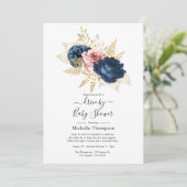 Invitation Blush, Navy et Fleurs Dorées pour une Douche de Pa (Debout devant)