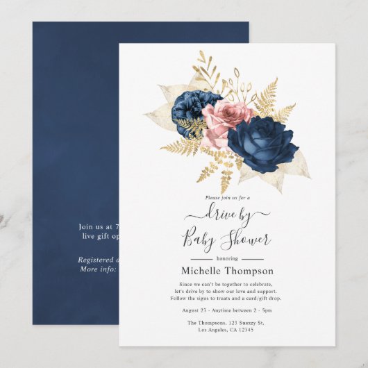 Invitation Blush, Navy et Fleurs Dorées pour une Douche de Pa (Devant / Derrière)