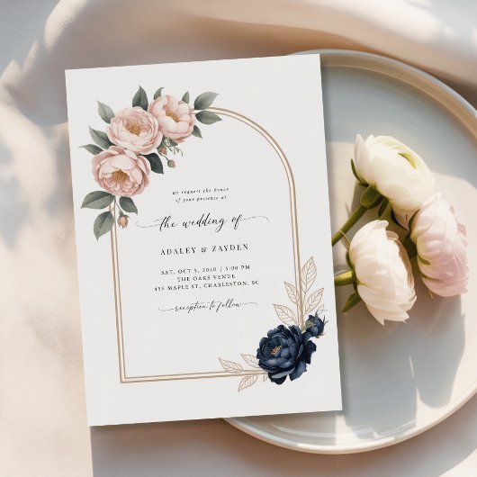 Invitation Blush Navy Floral Arch Mariage numérique abordable