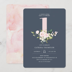 Invitation Blush & Navy Floral & Eucalyptus Fille 1er anniver