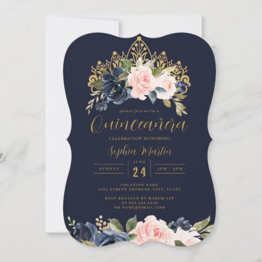Invitation Blush Navy Floral Tiara Quinceanera (Devant)